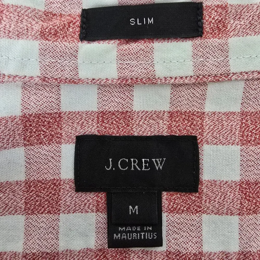 J. Crew Jaspe Cotton Shirt Men M Slim Fit Red White Gingham Check Long Sleeve